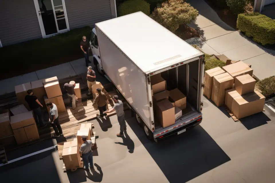 MTC Moving LLC crew loading a box truck outside a home